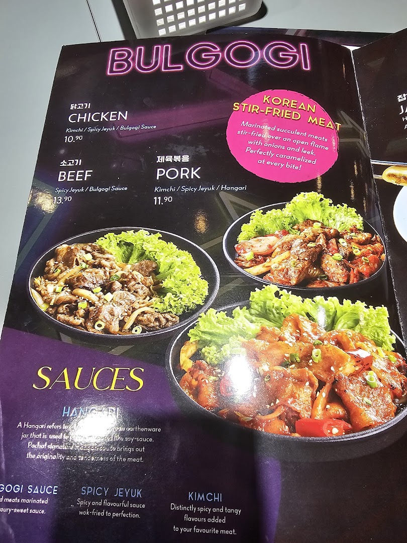 A menu page showcasing various Bulgogi and Korean stir-fried meat options with descriptions and prices.