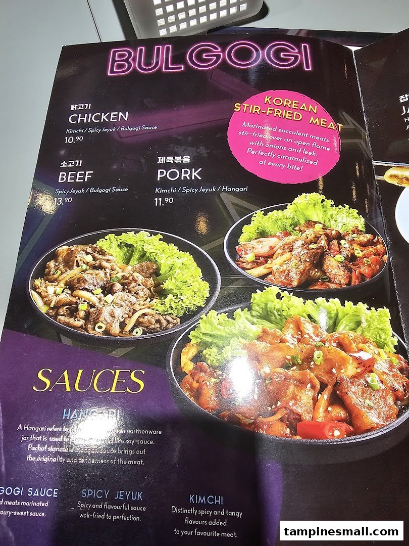 A menu page showcasing various Bulgogi and Korean stir-fried meat options with descriptions and prices.