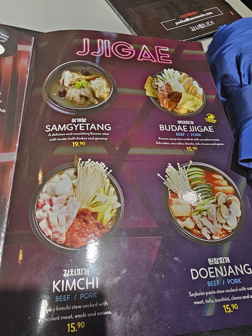 A menu page from POCHA! Korean Street Dining, showcasing various authentic Korean Jjigae (stews) with descriptions and prices.