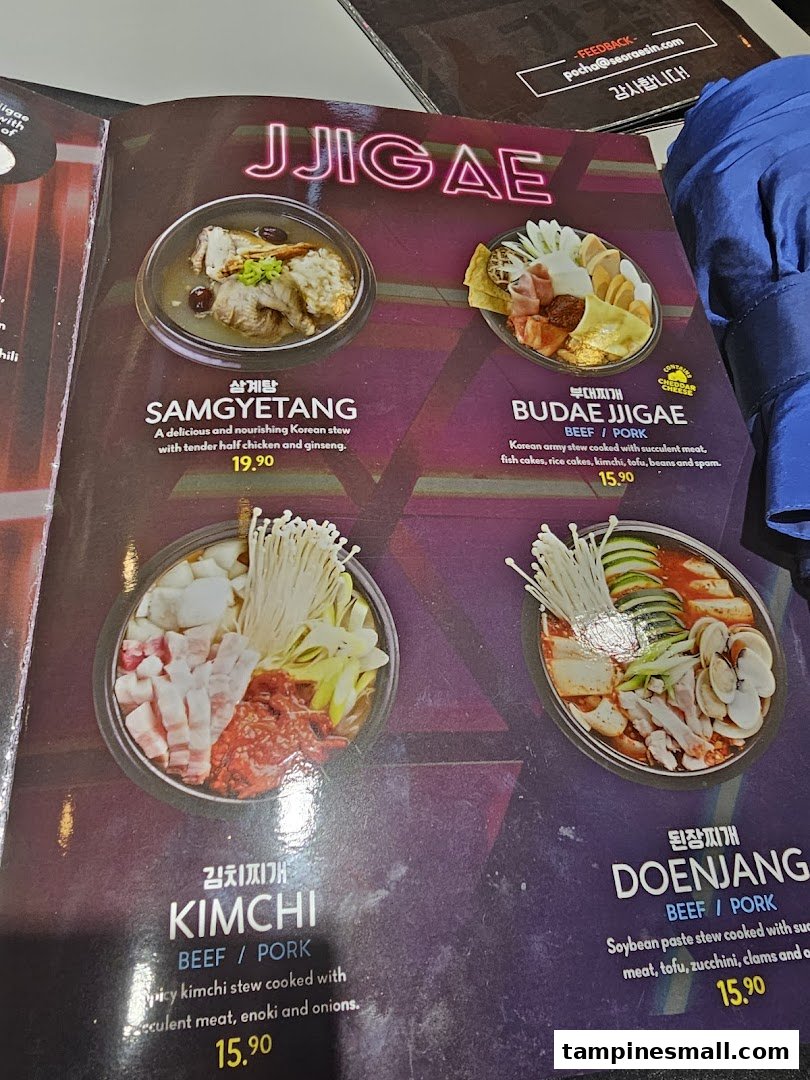 A menu page from POCHA! Korean Street Dining, showcasing various authentic Korean Jjigae (stews) with descriptions and prices.