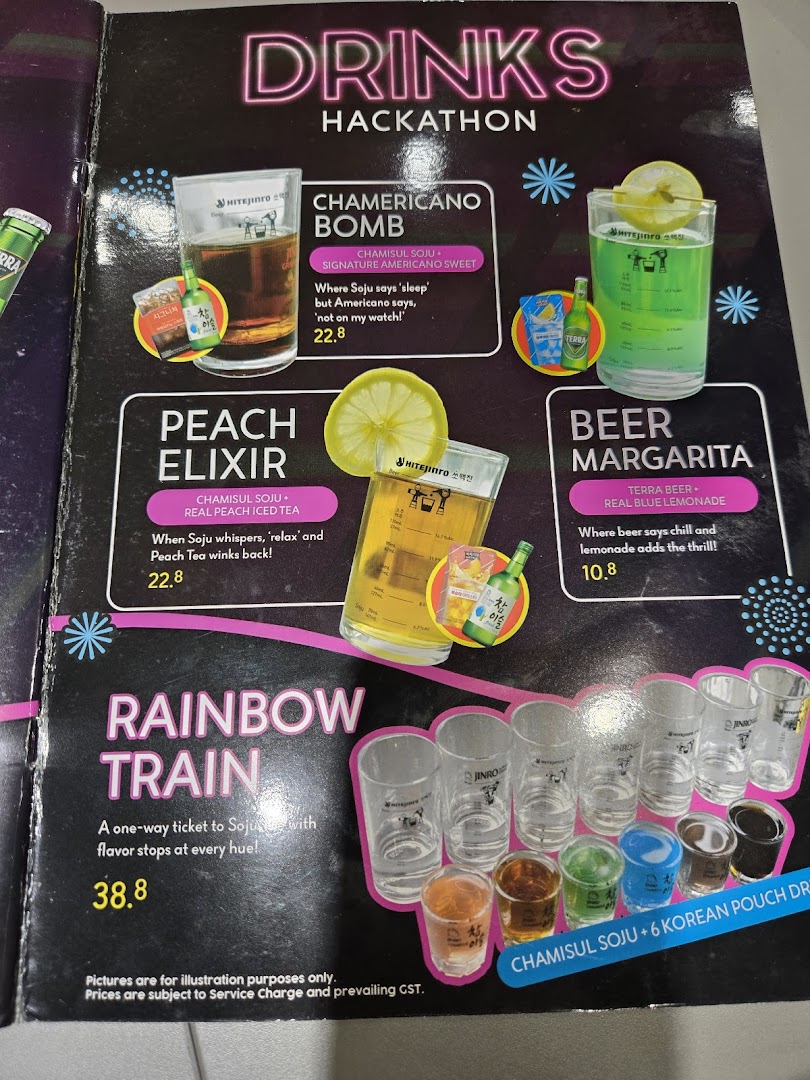 A vibrant menu page showcasing unique Korean-inspired alcoholic and non-alcoholic drinks.