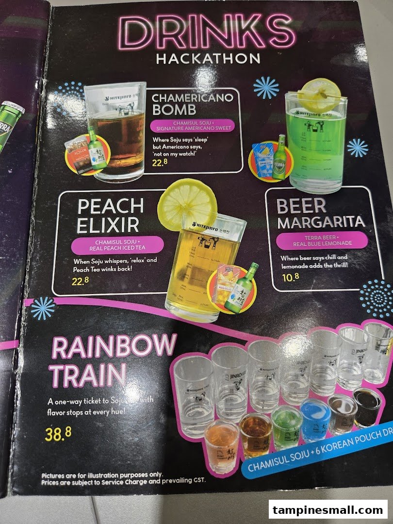 A vibrant menu page showcasing unique Korean-inspired alcoholic and non-alcoholic drinks.