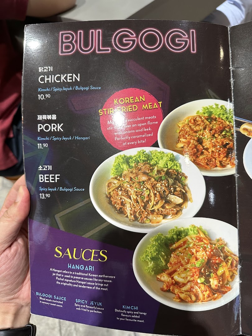 A vibrant menu page from POCHA! Korean Street Dining, showcasing Bulgogi dishes and sauce options.
