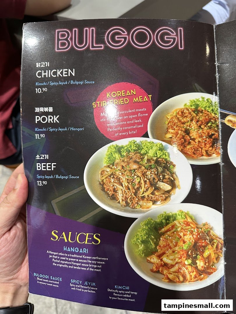 A vibrant menu page from POCHA! Korean Street Dining, showcasing Bulgogi dishes and sauce options.