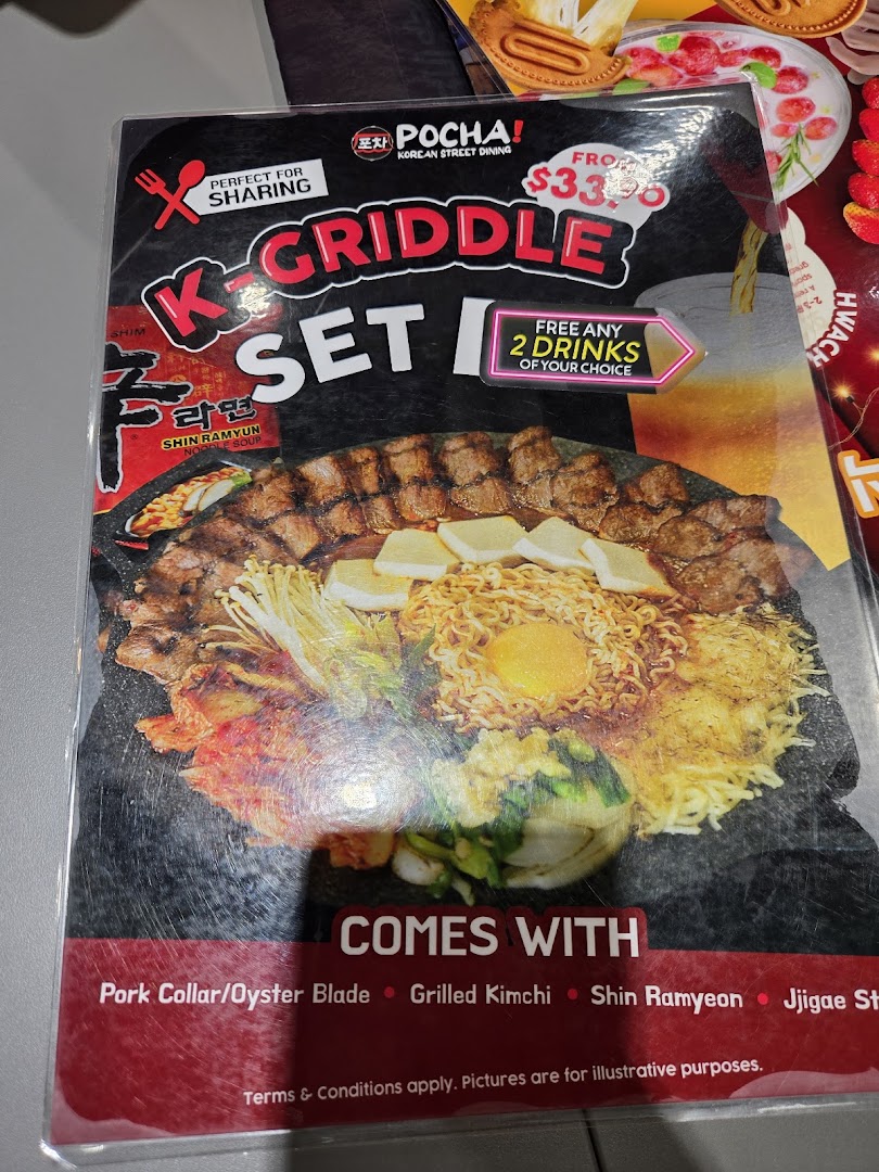 Close-up of POCHA!'s K-Griddle Set I menu page, featuring a large sharing platter and drink offer.