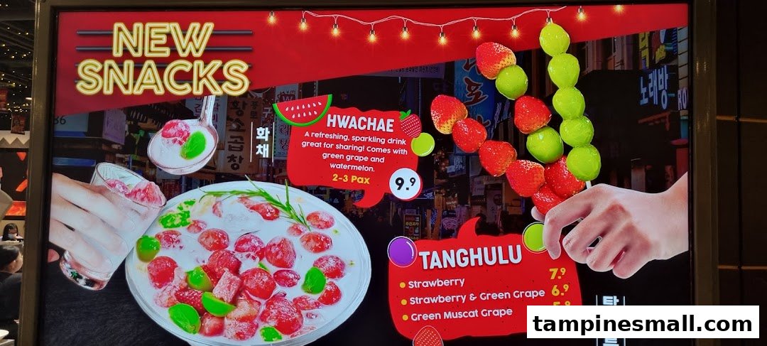 A digital menu board showcasing new Korean snacks, Hwachae and Tanghulu, with prices and descriptions.