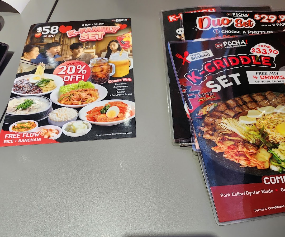 Image displays various promotional menus for POCHA! Korean Street Dining, featuring family sets, duo sets, and griddle sets.