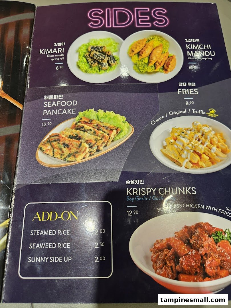A vibrant menu page showcasing Korean street food sides and add-ons with images and prices.
