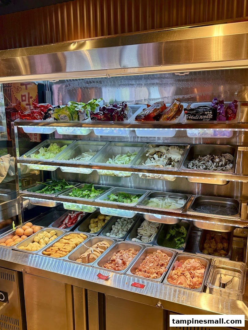 A vibrant display counter showcasing a wide variety of fresh ingredients for custom Korean dishes.