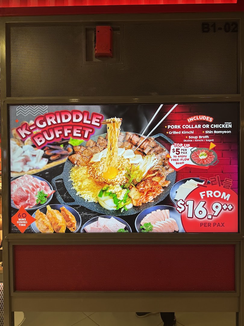 A vibrant promotional display for POCHA!'s K-Griddle Buffet, showcasing various Korean BBQ items.