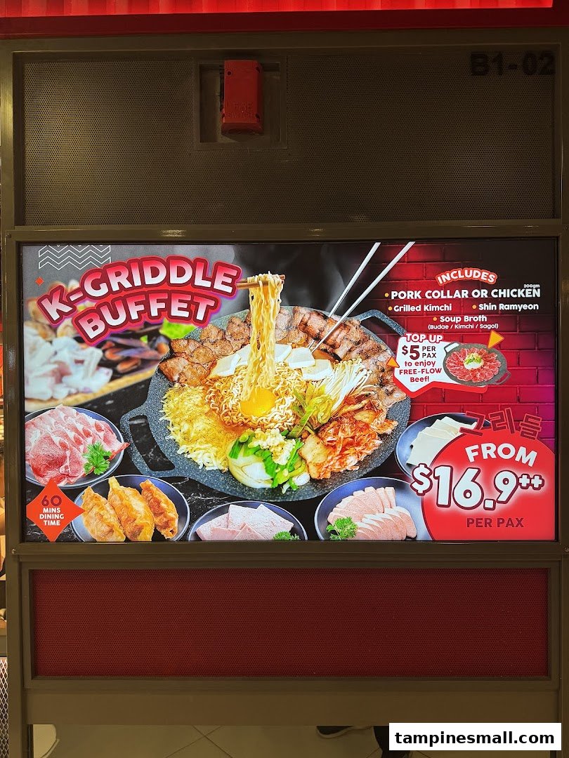 A vibrant promotional display for POCHA!'s K-Griddle Buffet, showcasing various Korean BBQ items.