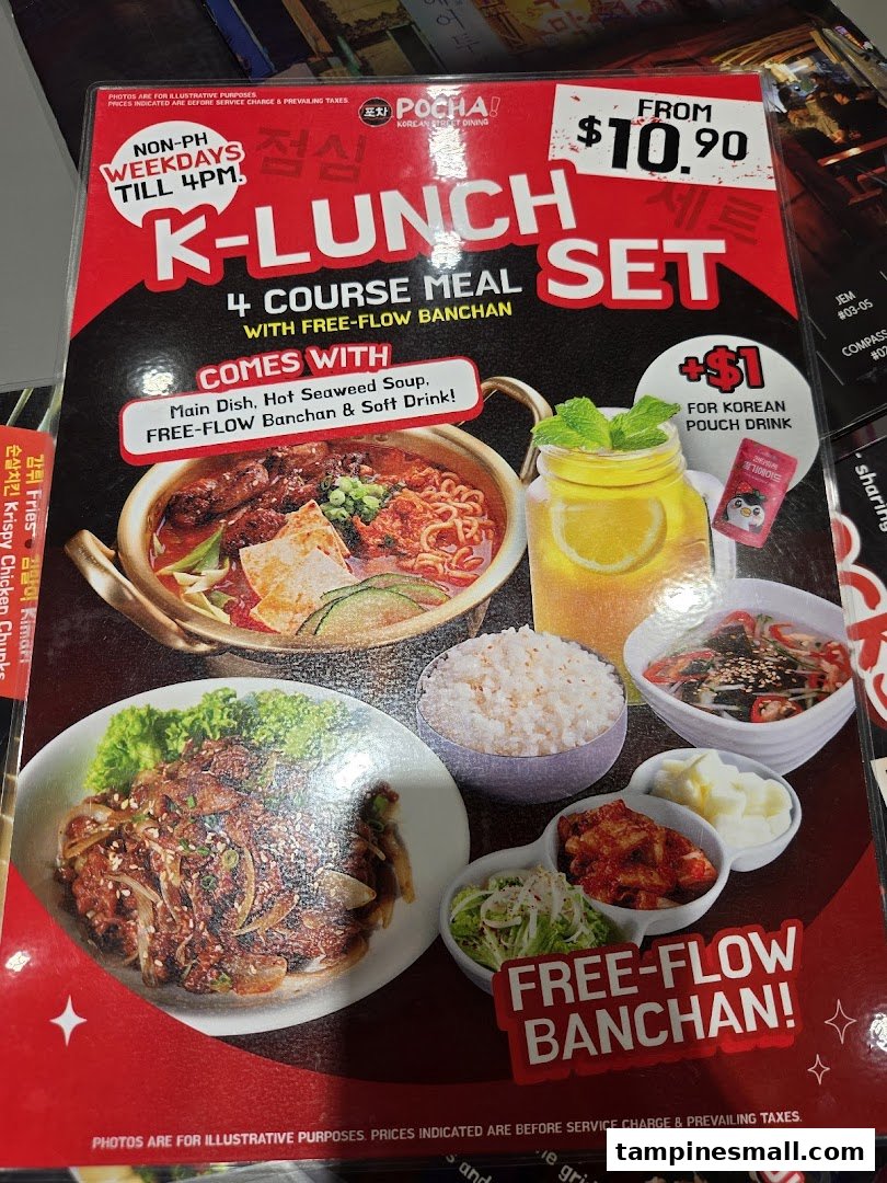 A promotional poster for POCHA!'s K-Lunch Set, featuring a 4-course meal with free-flow banchan.