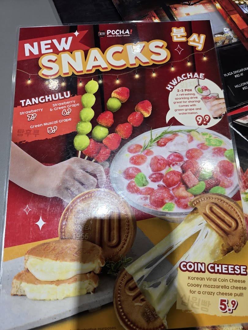 A vibrant menu page showcasing 'New Snacks' from POCHA! Korean Street Dining, featuring Tanghulu, Hwachae, and Coin Cheese.