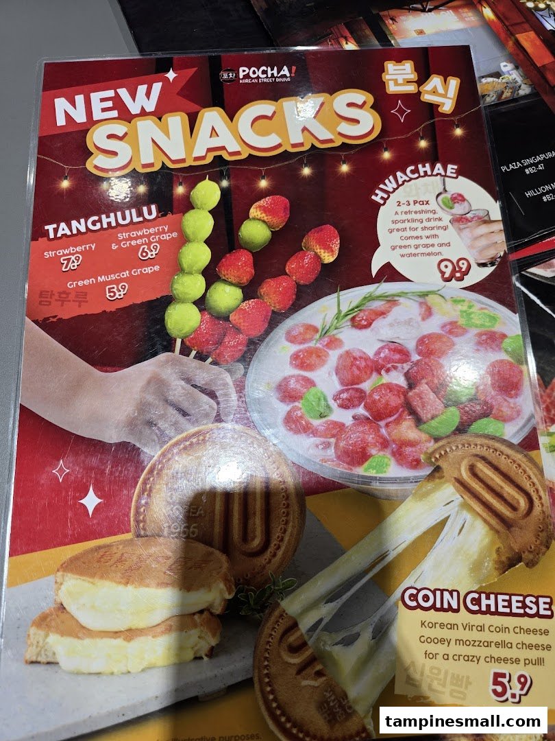 A vibrant menu page showcasing 'New Snacks' from POCHA! Korean Street Dining, featuring Tanghulu, Hwachae, and Coin Cheese.