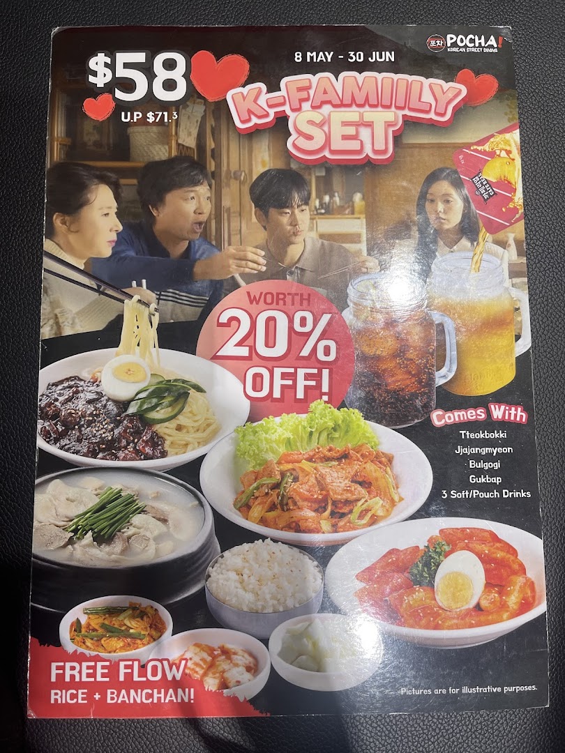 A promotional poster for POCHA!'s K-Family Set, featuring various Korean dishes and drinks.