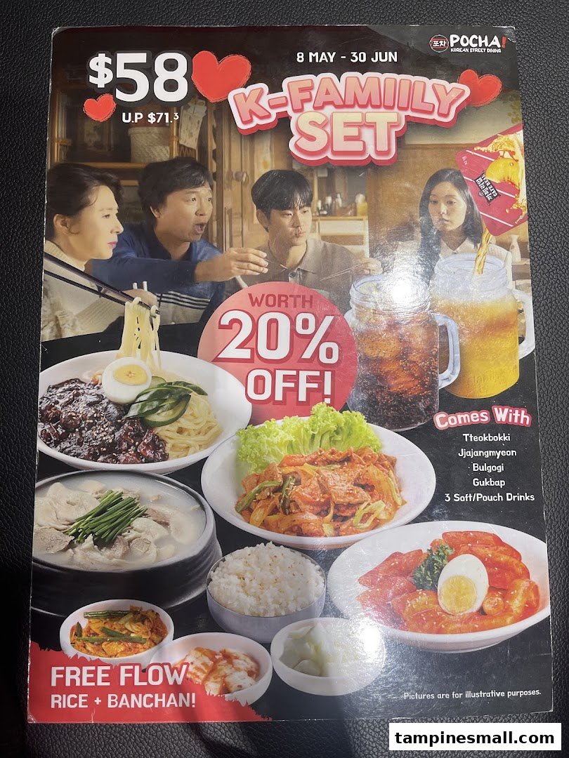 A promotional poster for POCHA!'s K-Family Set, featuring various Korean dishes and drinks.