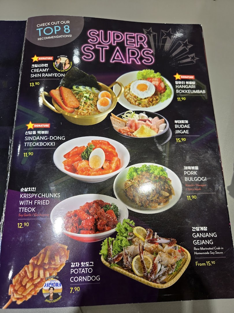 A vibrant menu page from POCHA! showcasing 'Super Stars' and 'Top 8 Recommendations' of popular Korean dishes with images and prices.