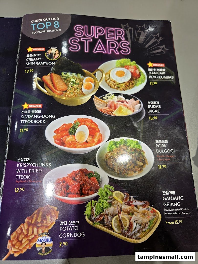 A vibrant menu page from POCHA! showcasing 'Super Stars' and 'Top 8 Recommendations' of popular Korean dishes with images and prices.