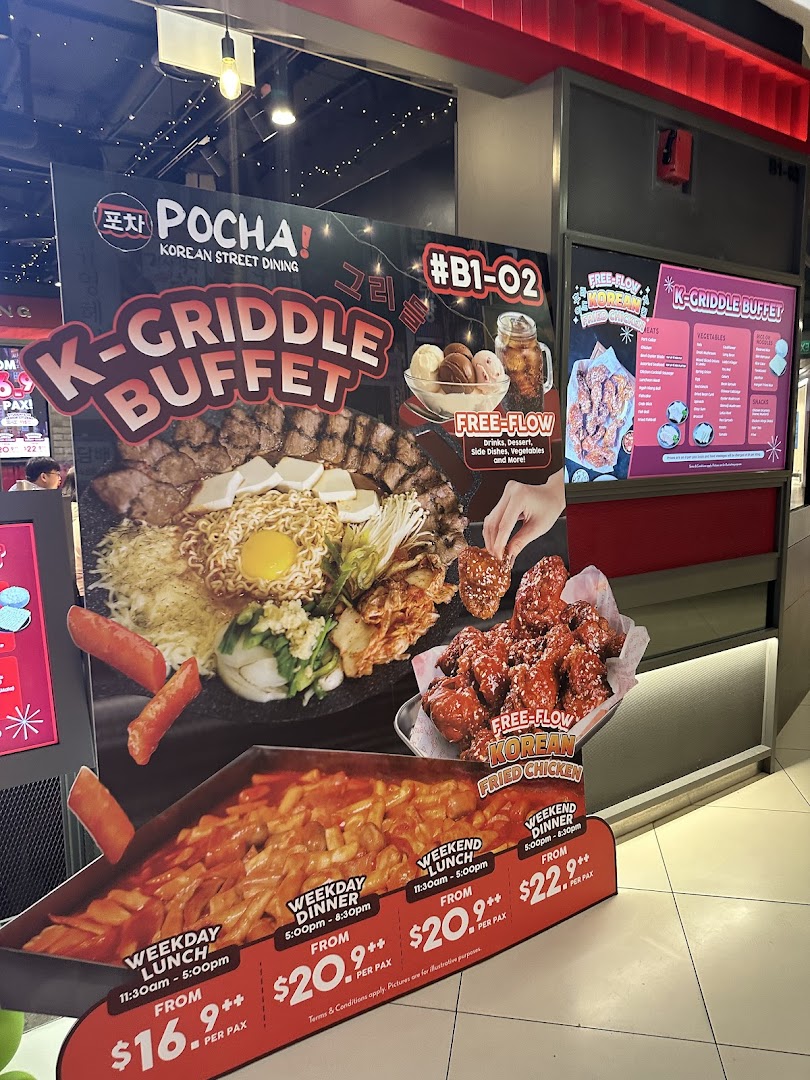 A large promotional standee for POCHA! Korean Street Dining, showcasing K-Griddle Buffet offerings and pricing.