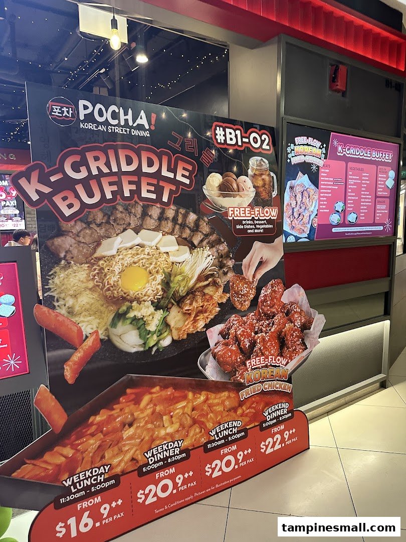 A large promotional standee for POCHA! Korean Street Dining, showcasing K-Griddle Buffet offerings and pricing.