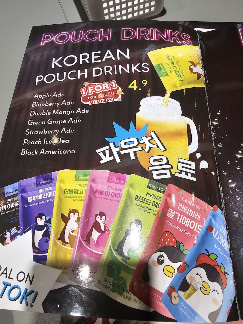 A vibrant display showcasing various Korean pouch drinks with a '1 FOR 1' offer for members.