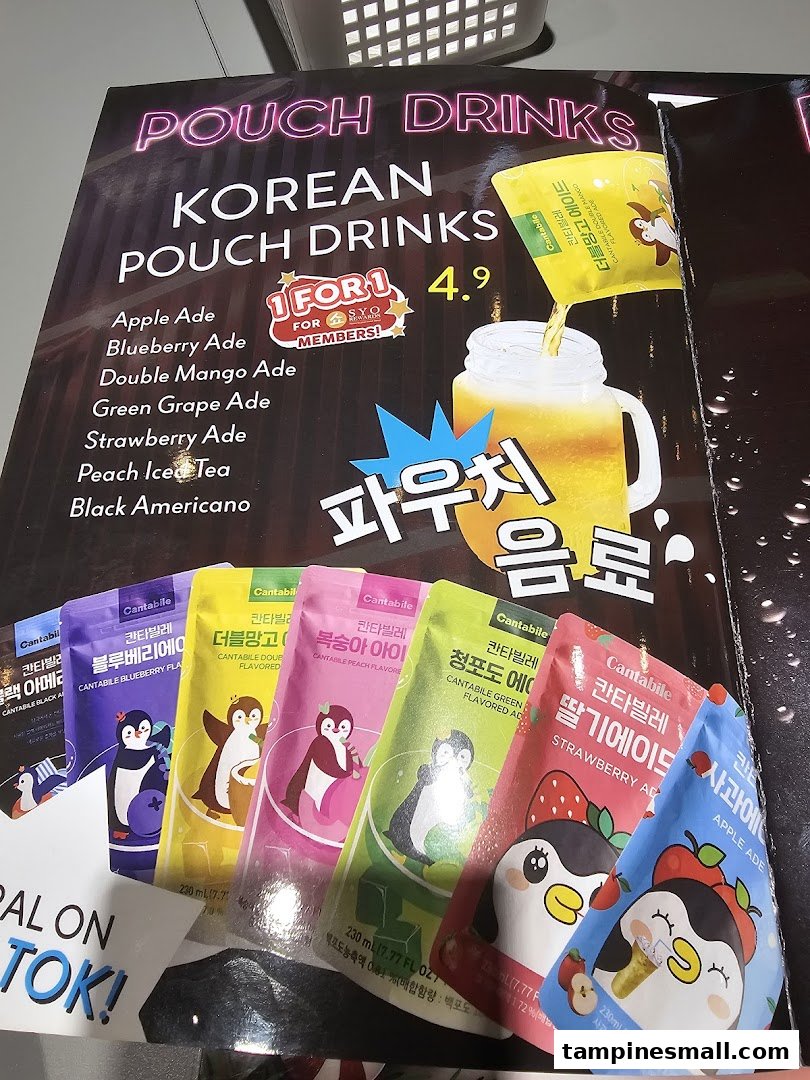 A vibrant display showcasing various Korean pouch drinks with a '1 FOR 1' offer for members.