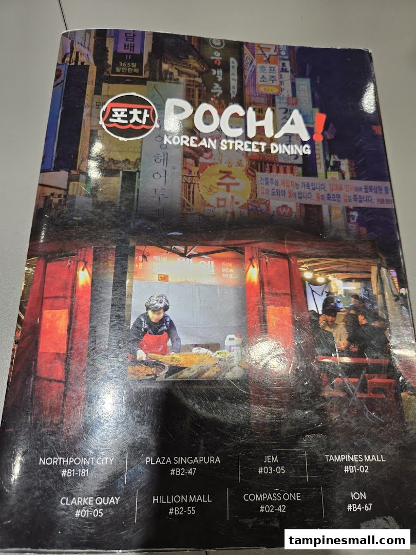 Cover of POCHA! Korean Street Dining brochure featuring logo, street food scene, and multiple mall locations.