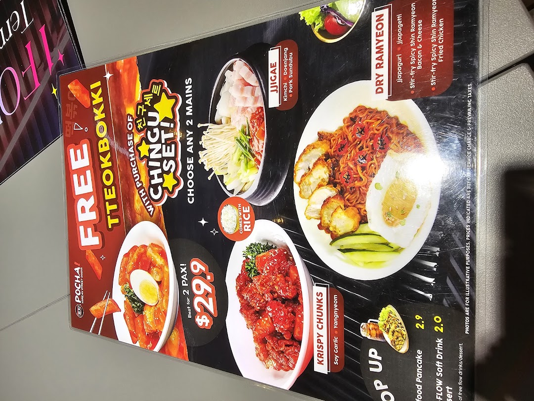 A vibrant menu displaying various Korean dishes, including Tteokbokki, Ramyeon, and fried chicken, with prices and a special offer.