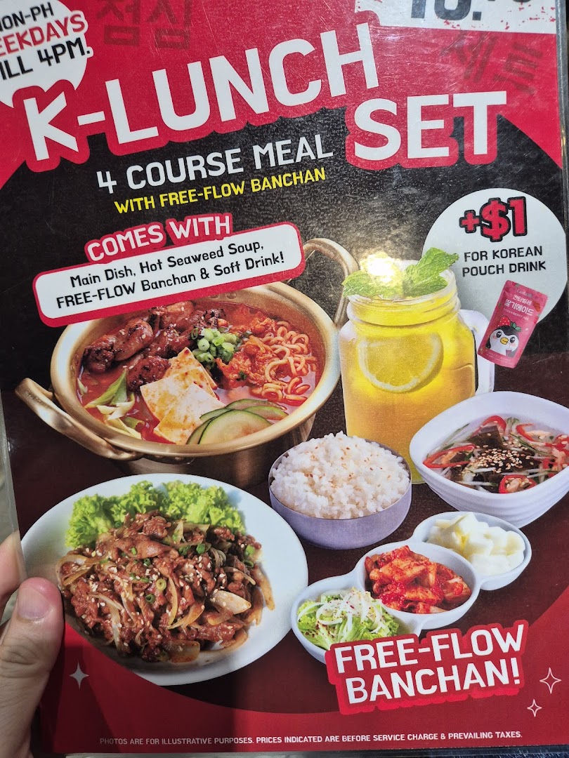 A promotional poster for POCHA!'s K-Lunch Set, featuring a 4-course Korean meal with free-flow banchan.