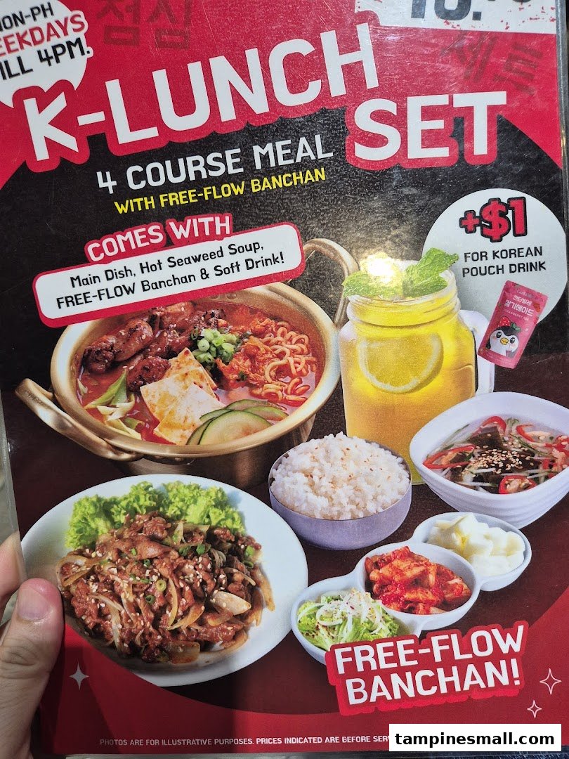 A promotional poster for POCHA!'s K-Lunch Set, featuring a 4-course Korean meal with free-flow banchan.