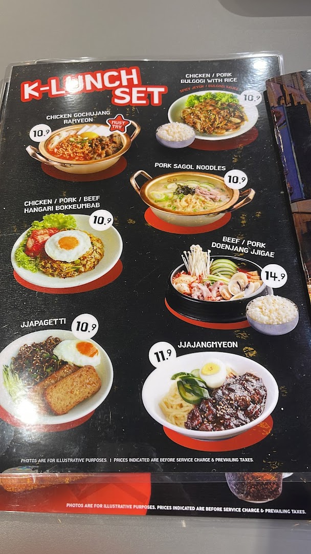 A menu displaying various Korean K-Lunch Set dishes with prices and images.