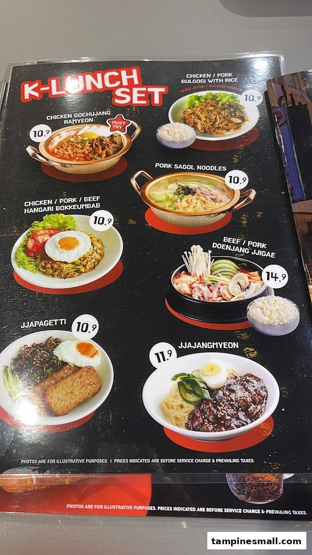 A menu displaying various Korean K-Lunch Set dishes with prices and images.