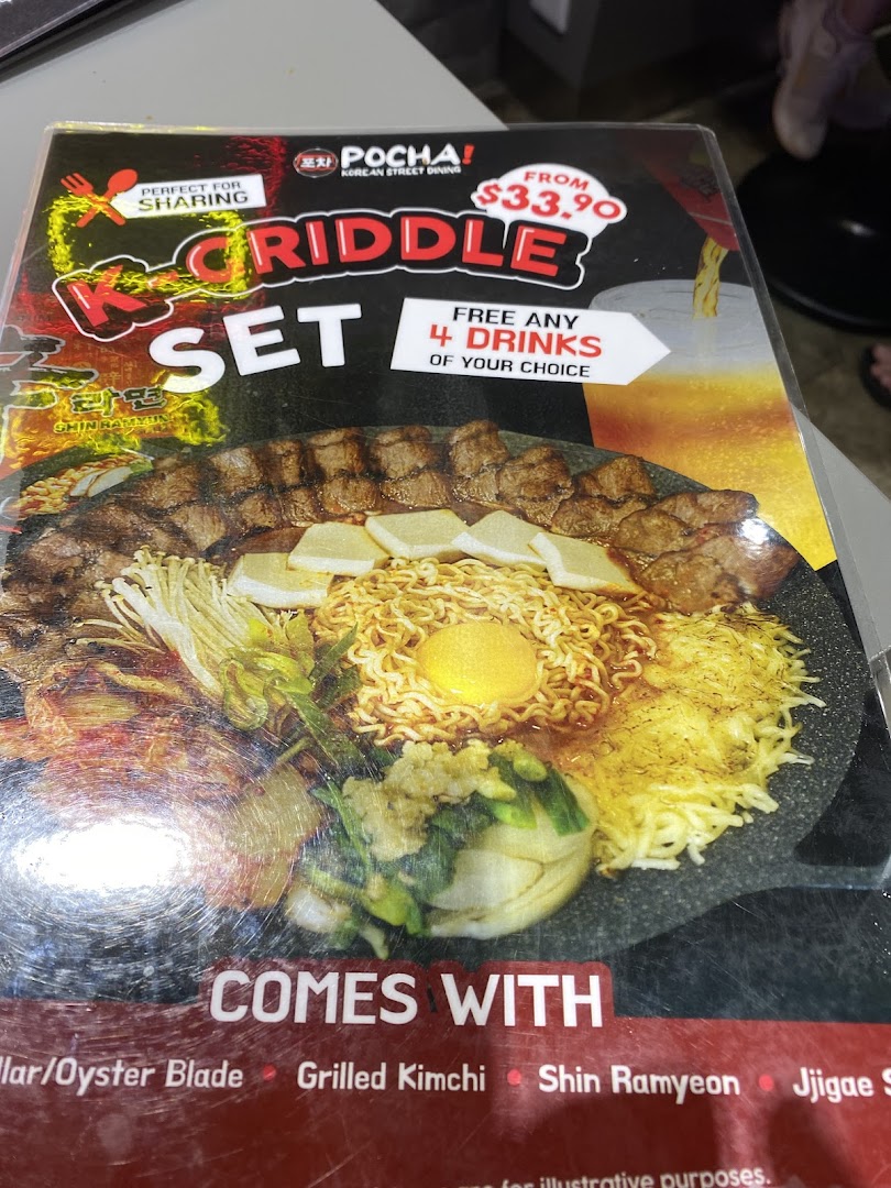 A menu displaying POCHA!'s K-Griddle Set, featuring various Korean dishes and a special offer.