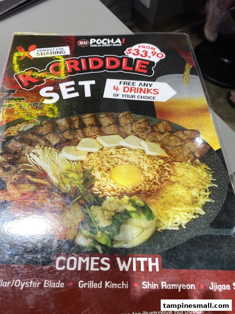 A menu displaying POCHA!'s K-Griddle Set, featuring various Korean dishes and a special offer.