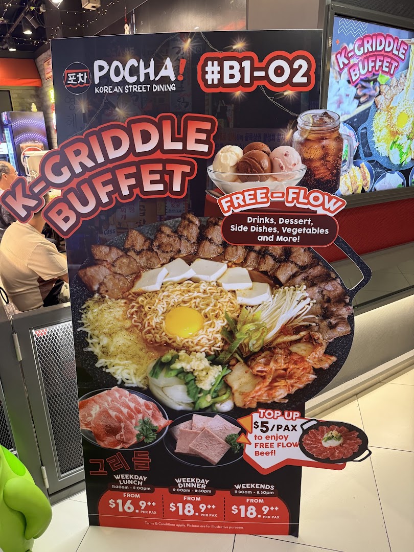 A promotional stand for POCHA! Korean Street Dining, showcasing their K-Griddle Buffet with pricing and free-flow options.