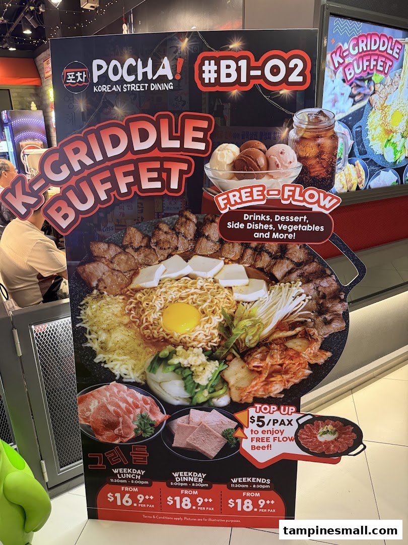 A promotional stand for POCHA! Korean Street Dining, showcasing their K-Griddle Buffet with pricing and free-flow options.