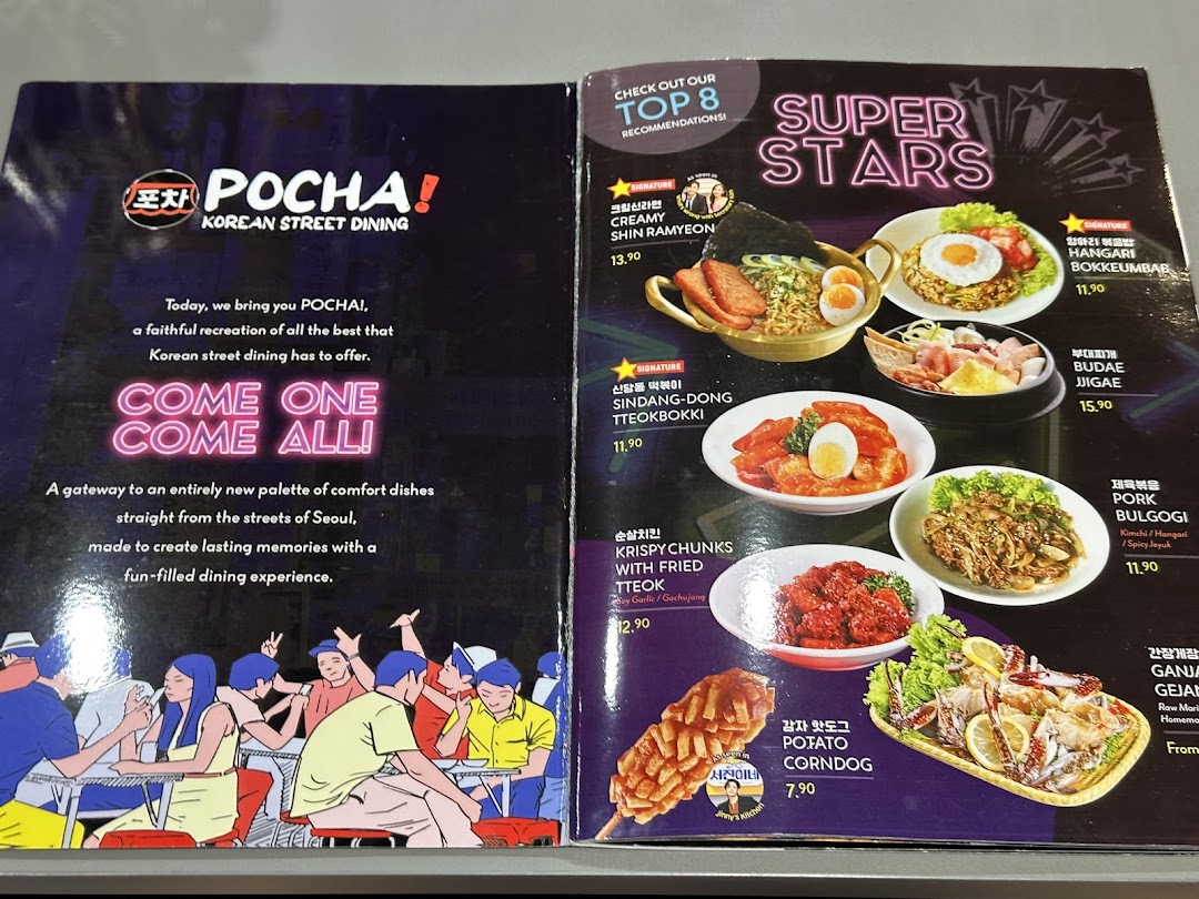 A vibrant menu from POCHA! Korean Street Dining, showcasing popular 'Super Stars' dishes with prices.