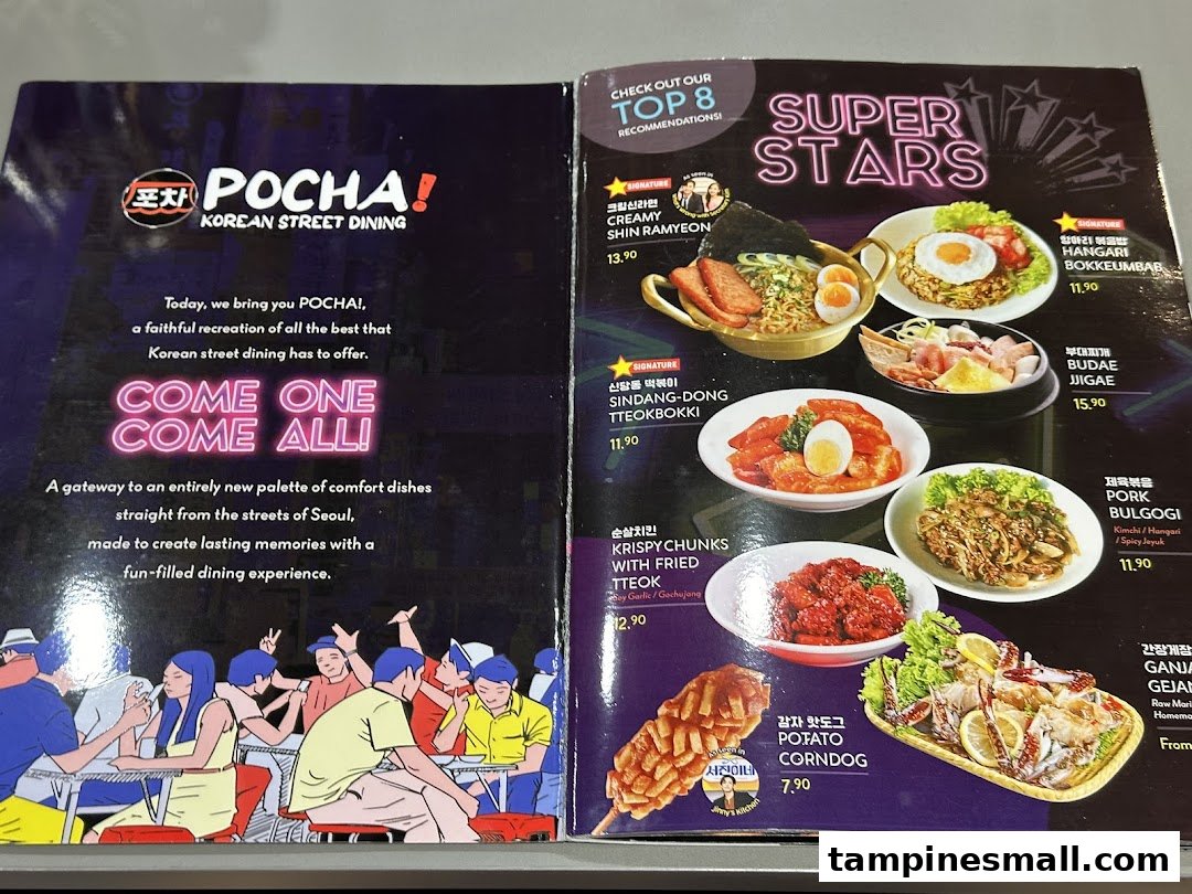 A vibrant menu from POCHA! Korean Street Dining, showcasing popular 'Super Stars' dishes with prices.