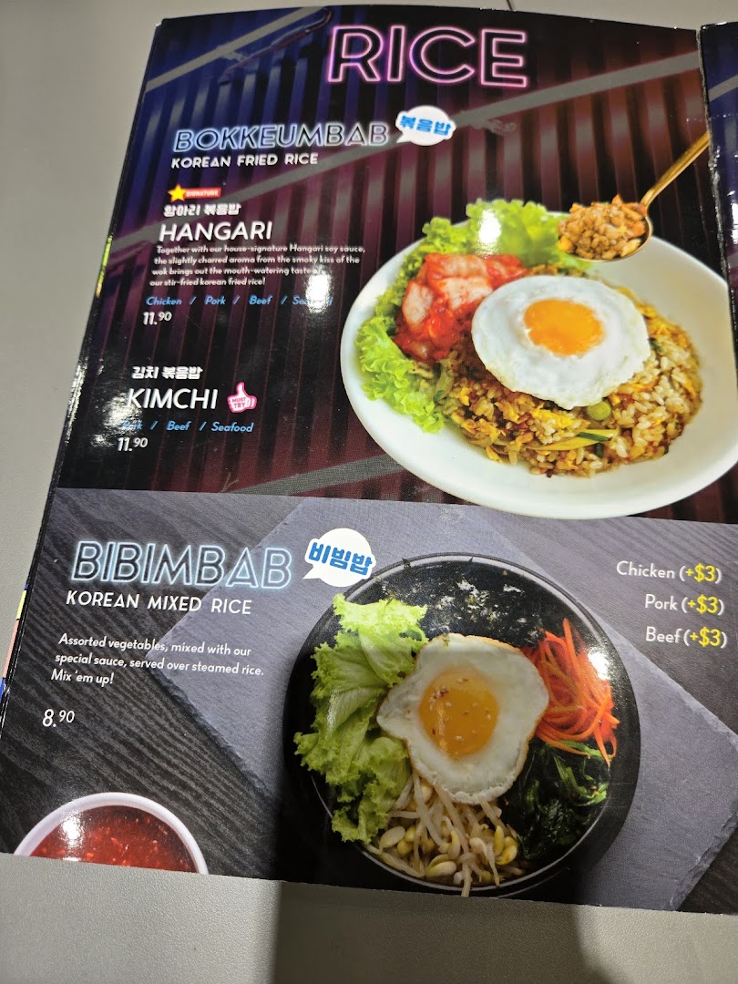 A menu page showcasing various Korean fried rice and mixed rice dishes with prices and descriptions.