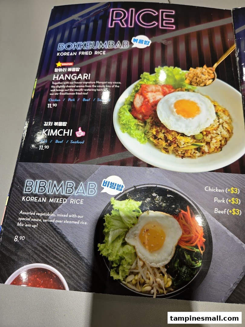 A menu page showcasing various Korean fried rice and mixed rice dishes with prices and descriptions.