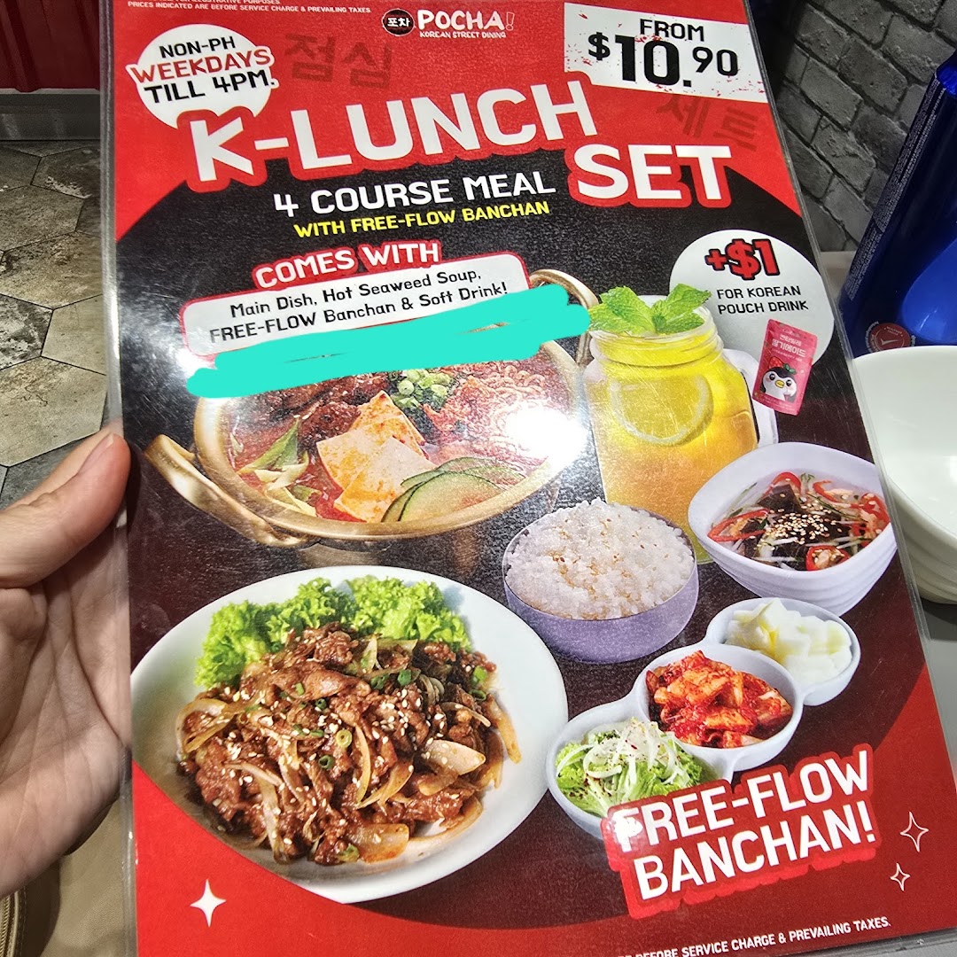 A promotional poster for POCHA!'s K-Lunch Set, featuring a 4-course meal with free-flow banchan.