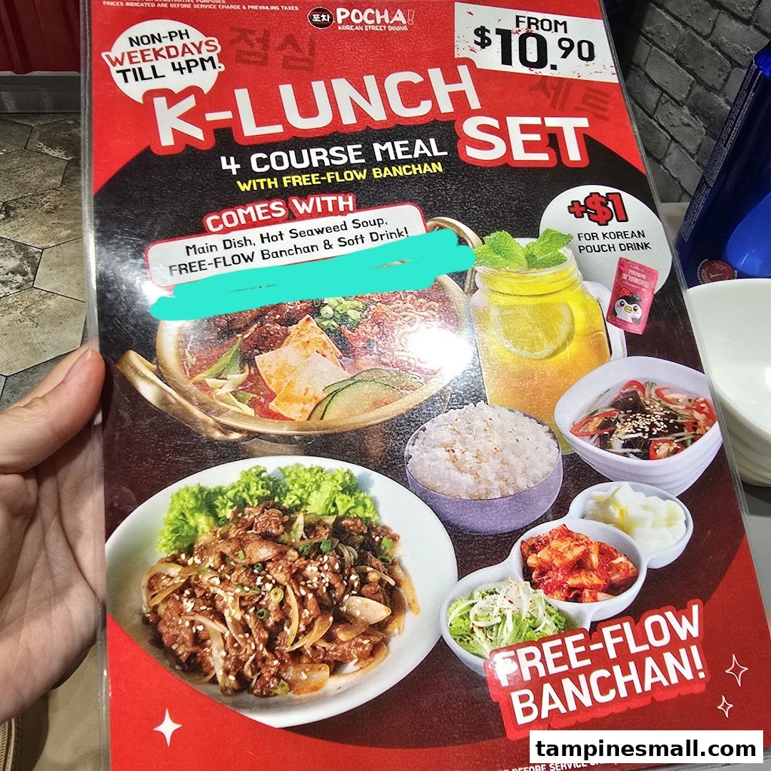 A promotional poster for POCHA!'s K-Lunch Set, featuring a 4-course meal with free-flow banchan.