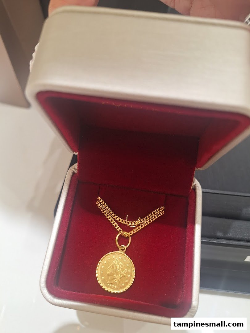A gleaming gold coin pendant on a chain rests in a luxurious red velvet jewelry box.