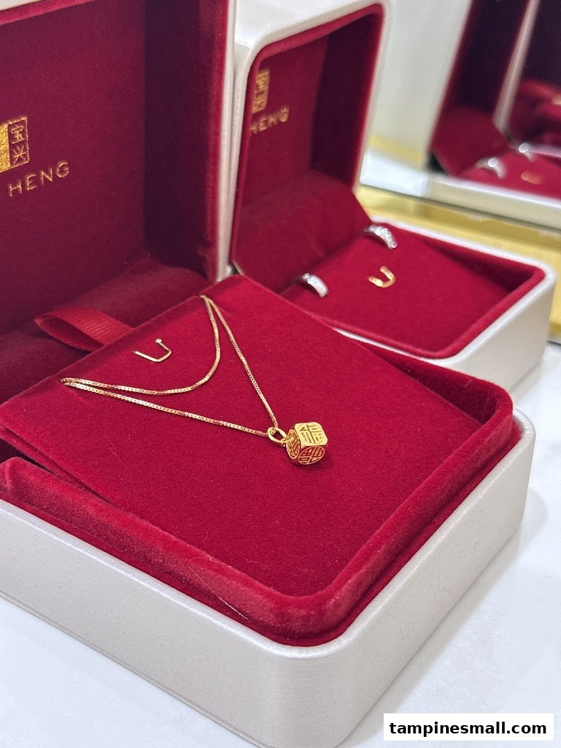 A delicate gold necklace with a charm displayed in a red velvet jewellery box from Poh Heng.