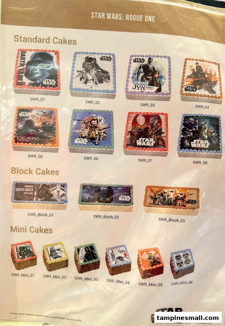 A catalog displaying various Star Wars: Rogue One themed cakes, including standard, block, and mini sizes.