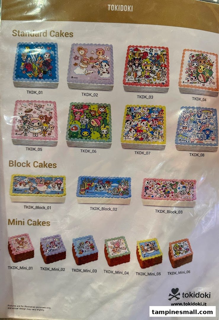 A catalog displaying various Tokidoki-themed cakes, including standard, block, and mini sizes.
