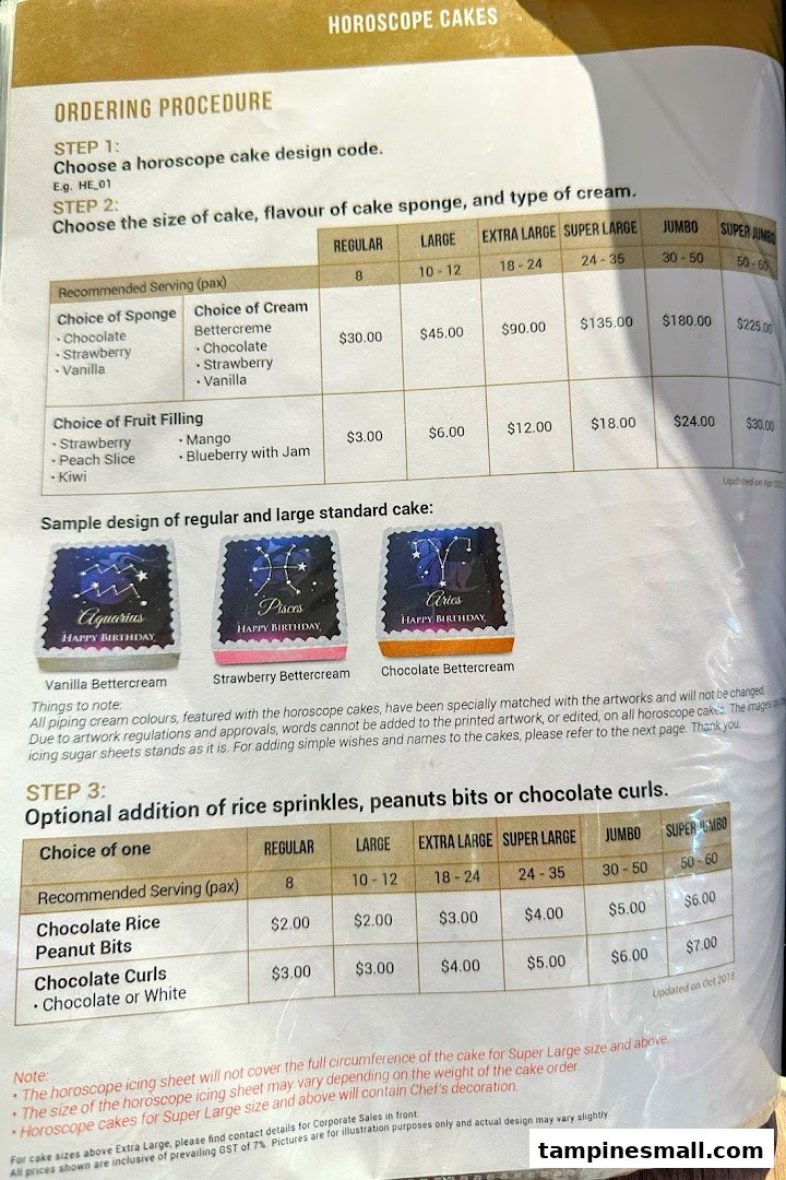 A detailed menu and ordering guide for custom horoscope cakes, including pricing and optional additions.