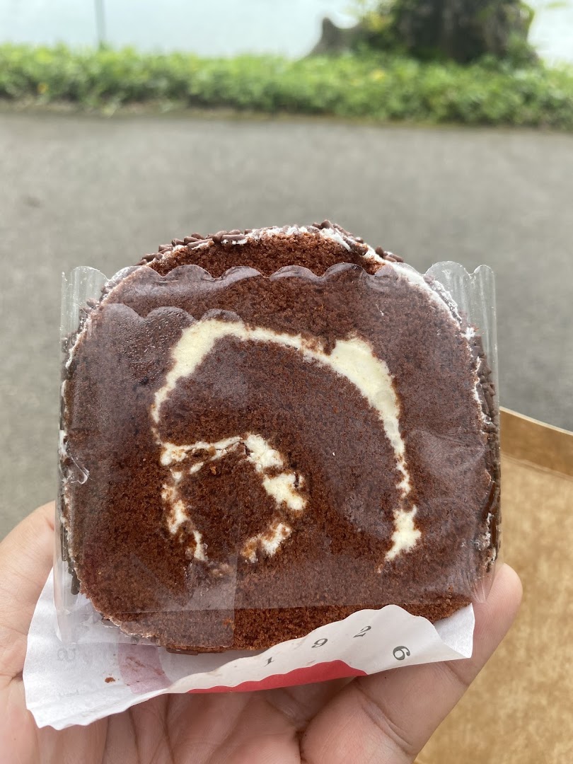 A hand holds a delicious chocolate cream roll cake with white cream filling.