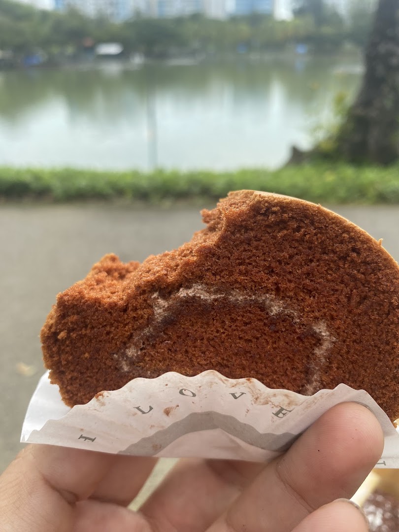 A hand holds a chocolate swiss roll with a bite taken out, set against a blurred lake background.