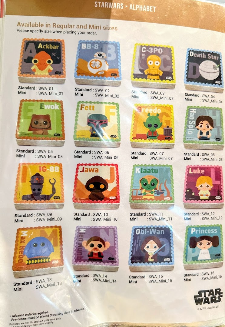 A catalog displaying Star Wars character-themed cakes available in regular and mini sizes.
